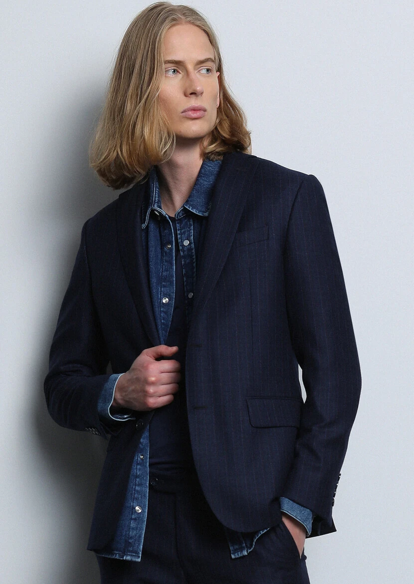 Lacivert Çizgili Zeroweight Slim Fit %100 Yün Takım Elbise - 3