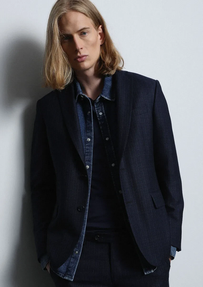 Lacivert Çizgili Zeroweight Slim Fit %100 Yün Takım Elbise - 4