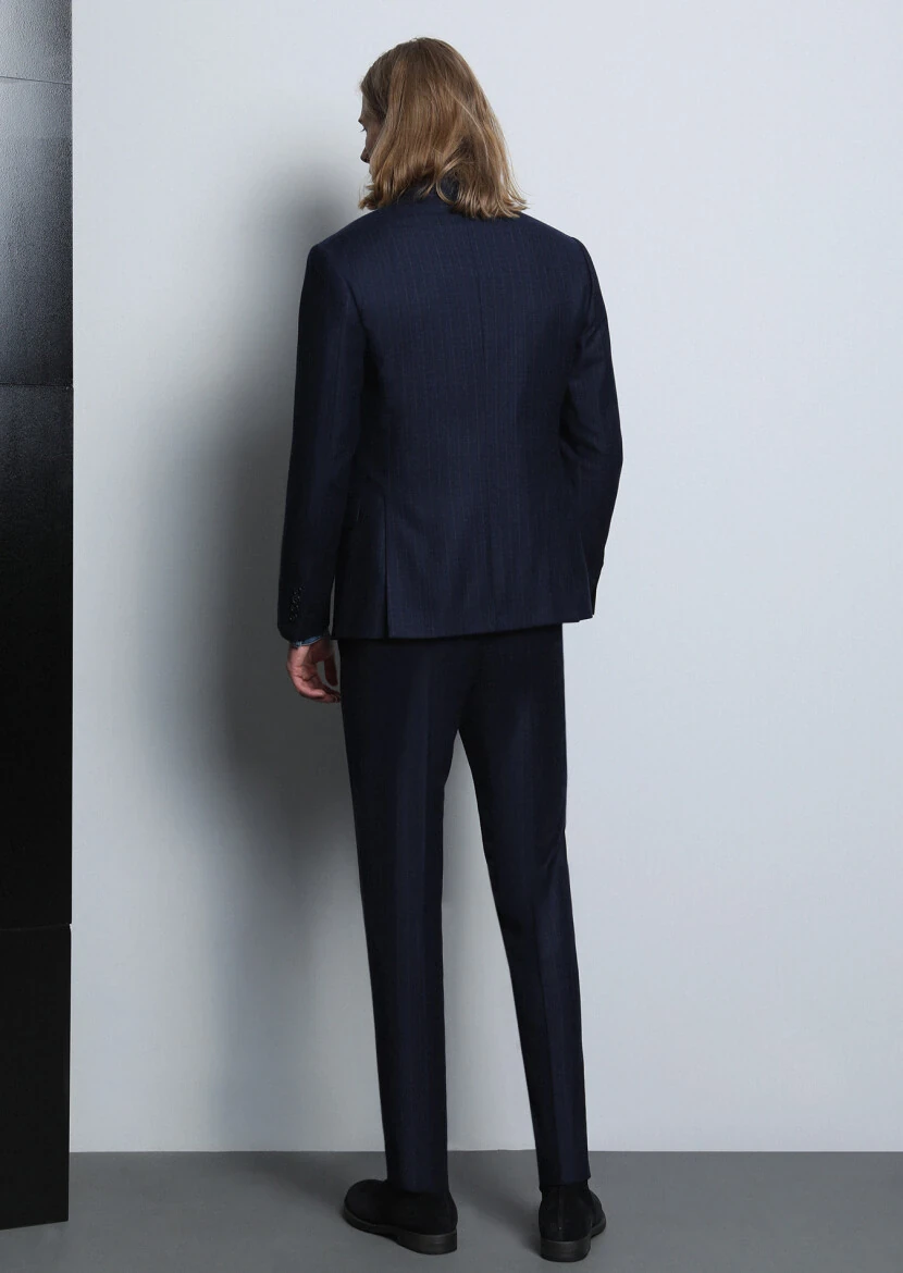 Lacivert Çizgili Zeroweight Slim Fit %100 Yün Takım Elbise - 5