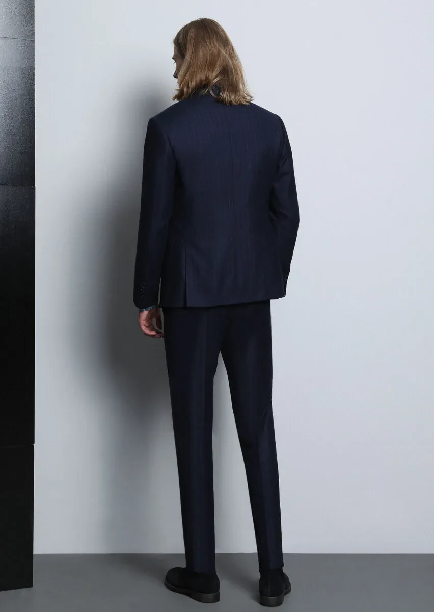 Lacivert Çizgili Zeroweight Slim Fit %100 Yün Takım Elbise - 5