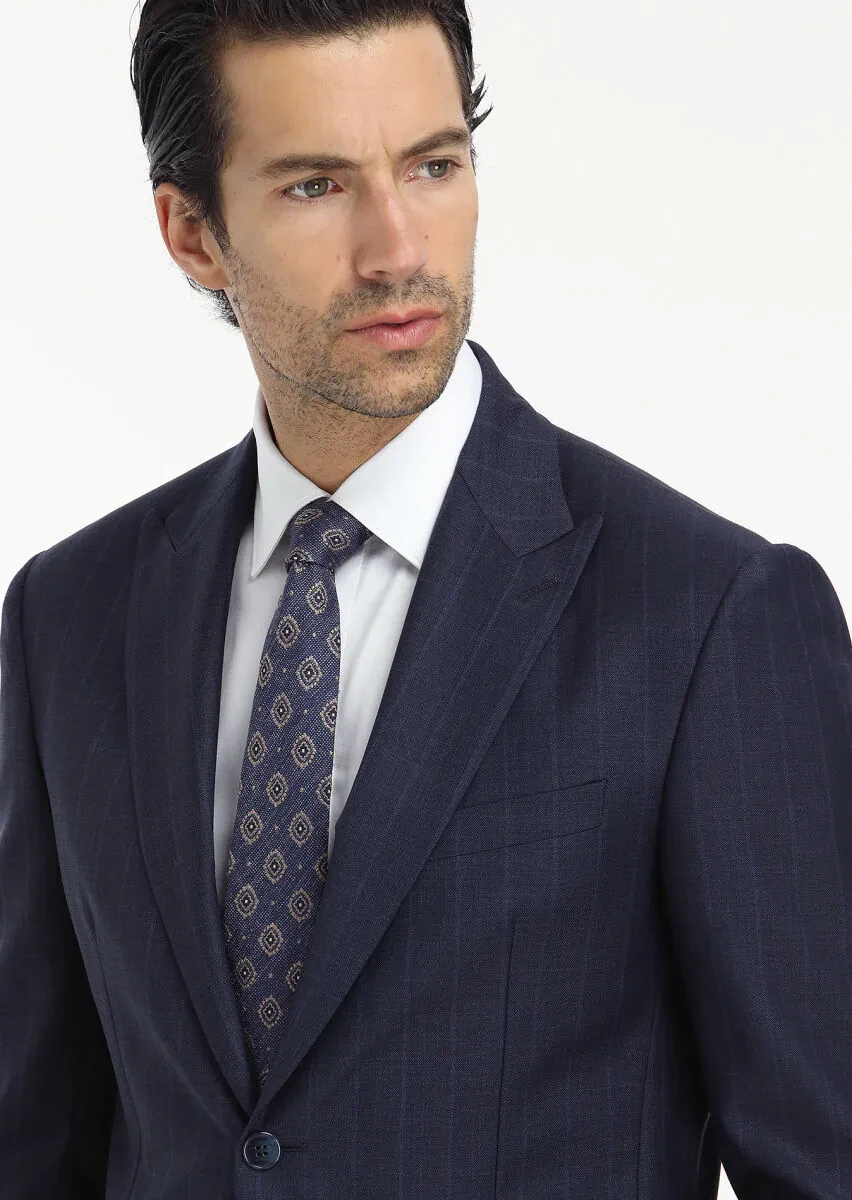 Lacivert Çizgili Zeroweight Slim Fit %100 Yün Takım Elbise - 2