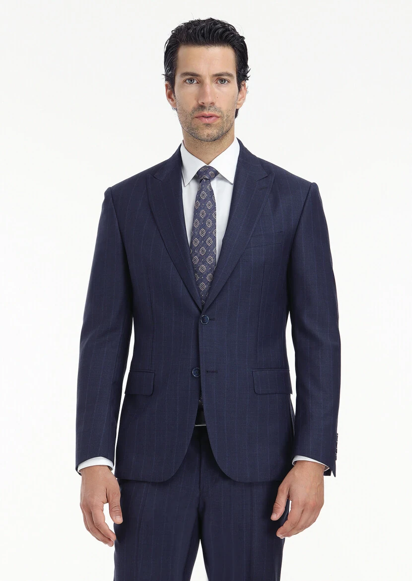 Lacivert Çizgili Zeroweight Slim Fit %100 Yün Takım Elbise - 3