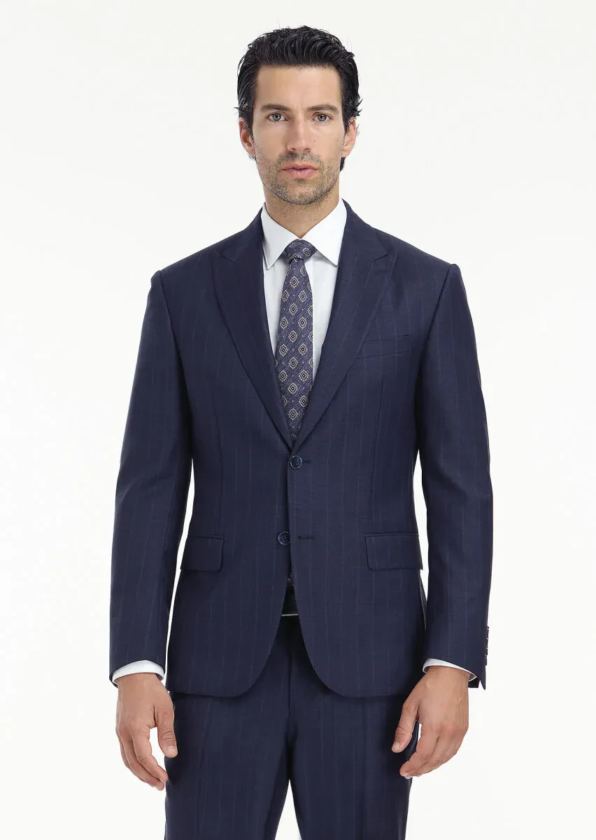 Lacivert Çizgili Zeroweight Slim Fit %100 Yün Takım Elbise - 3