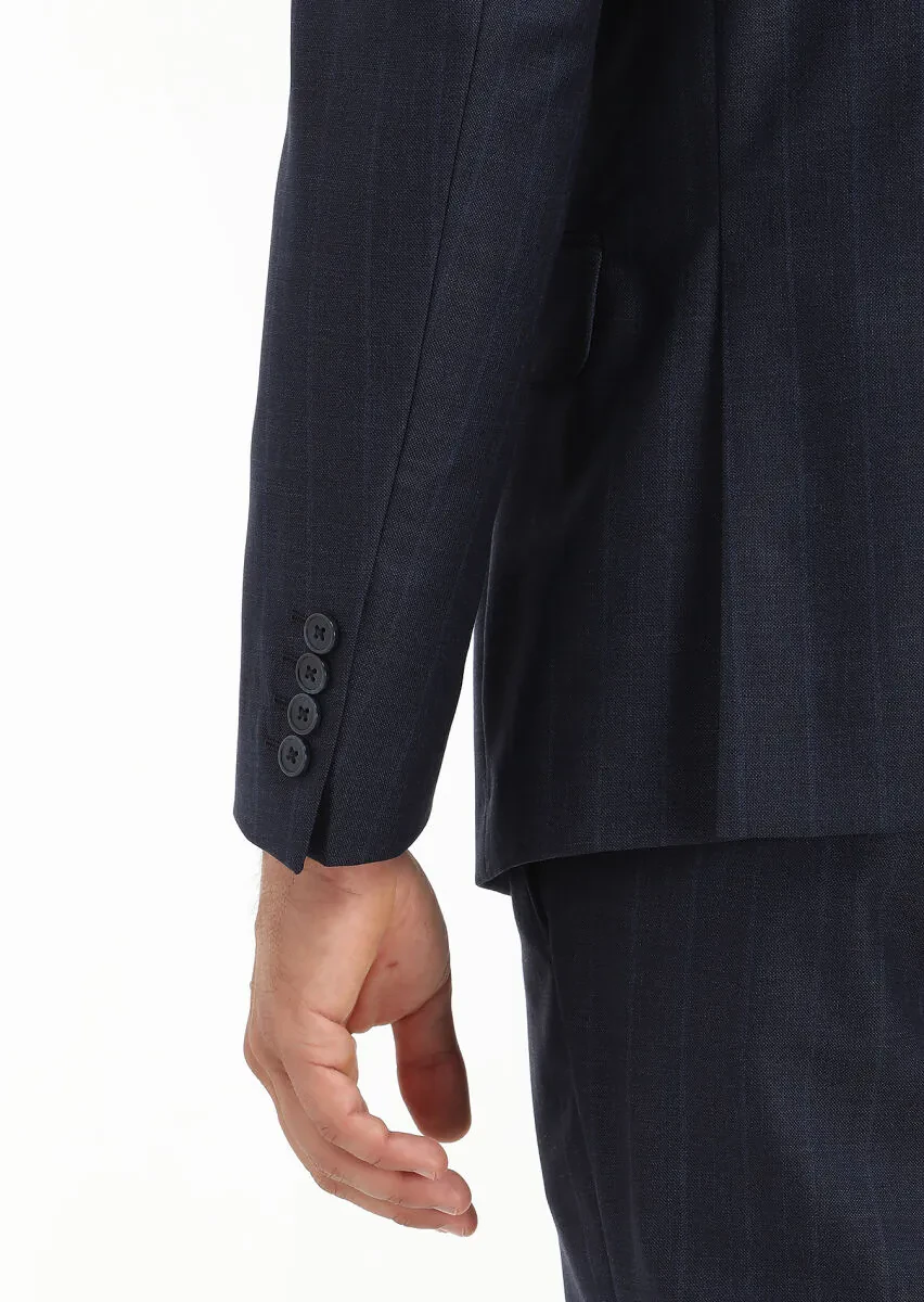 Lacivert Çizgili Zeroweight Slim Fit %100 Yün Takım Elbise - 4