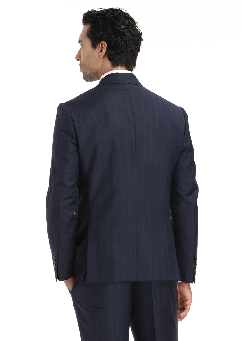 Lacivert Çizgili Zeroweight Slim Fit %100 Yün Takım Elbise - 5