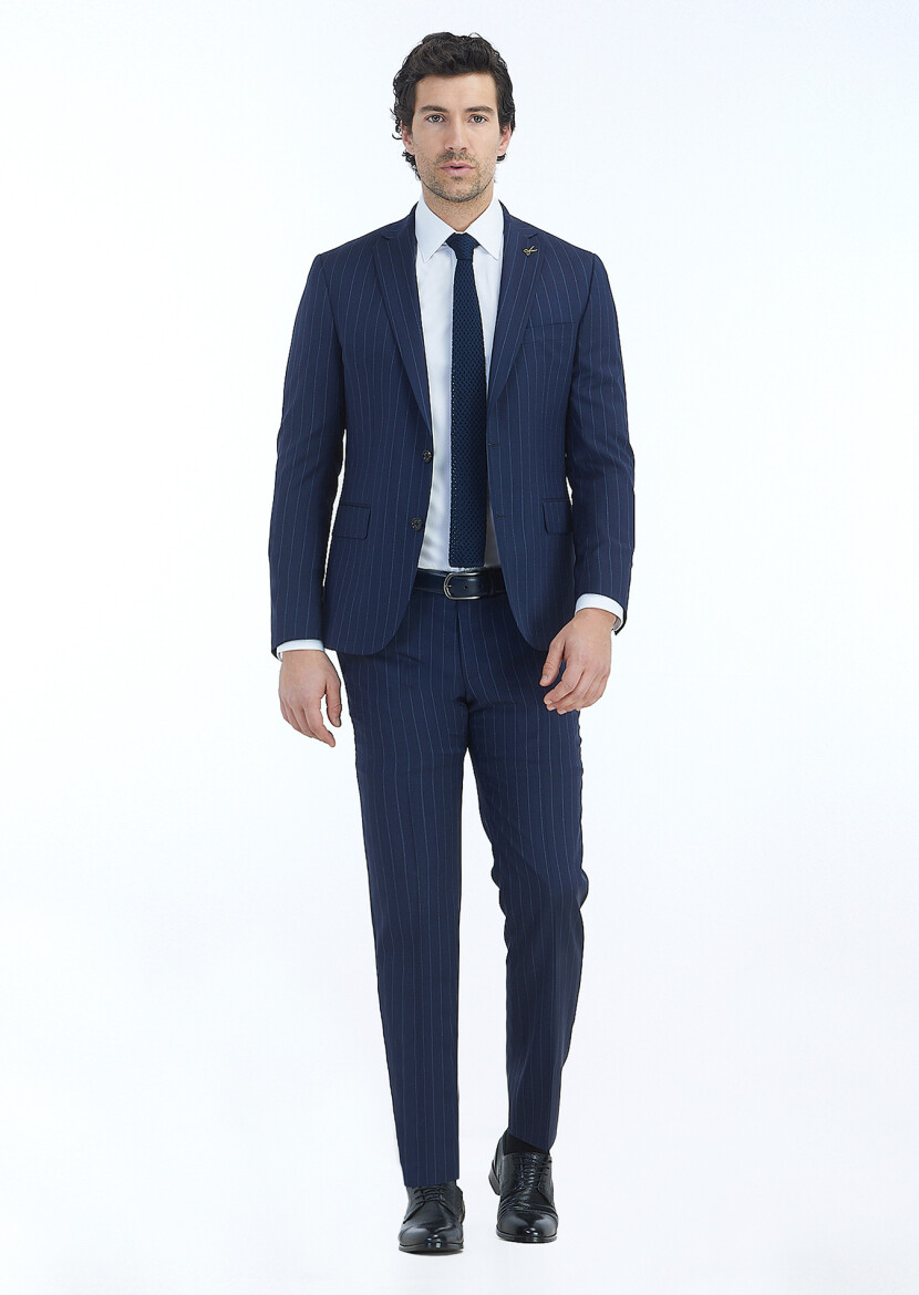 Lacivert Çizgili Zeroweight Slim Fit %100 Yün Takım Elbise - 1