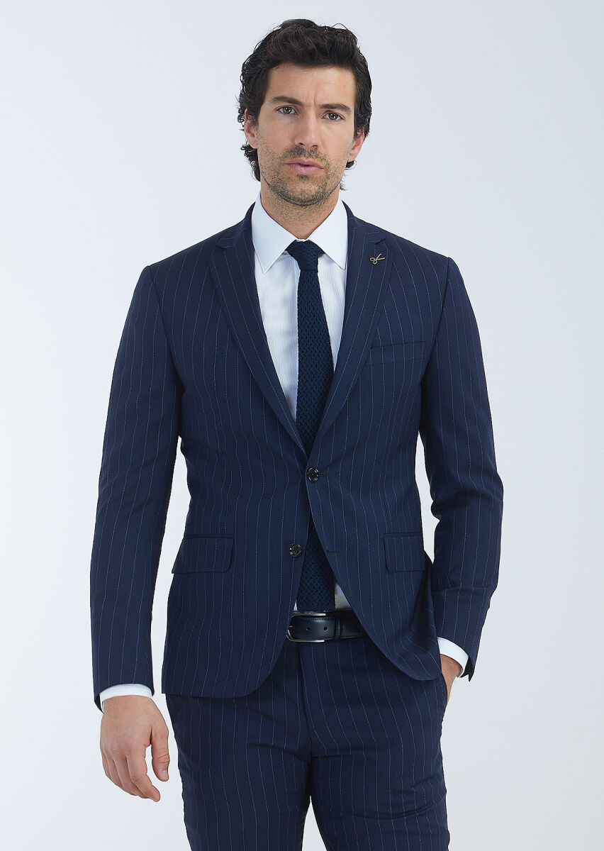 Lacivert Çizgili Zeroweight Slim Fit %100 Yün Takım Elbise - 2