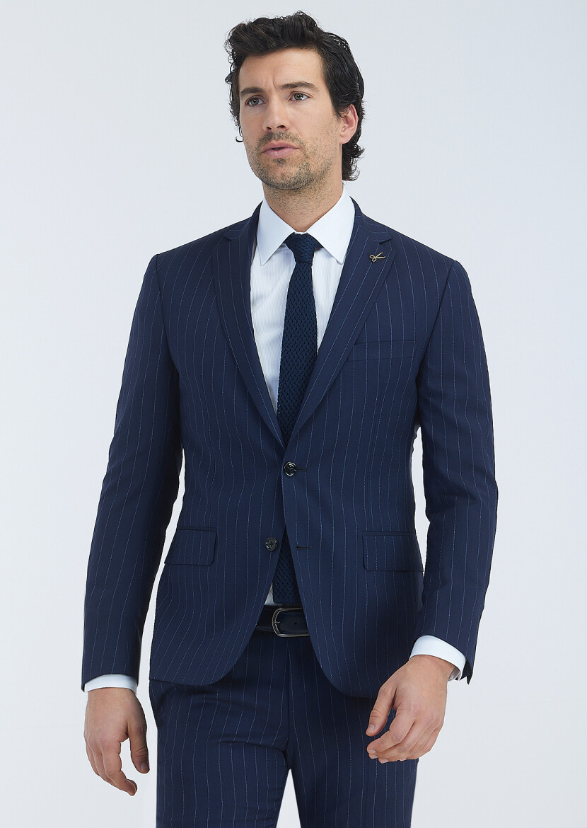 Lacivert Çizgili Zeroweight Slim Fit %100 Yün Takım Elbise - 3