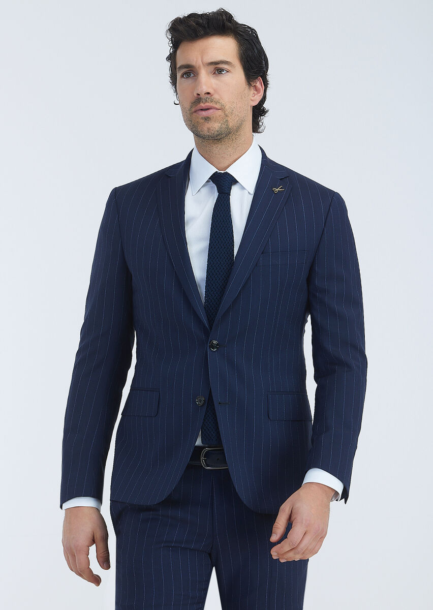 Lacivert Çizgili Zeroweight Slim Fit %100 Yün Takım Elbise - 3