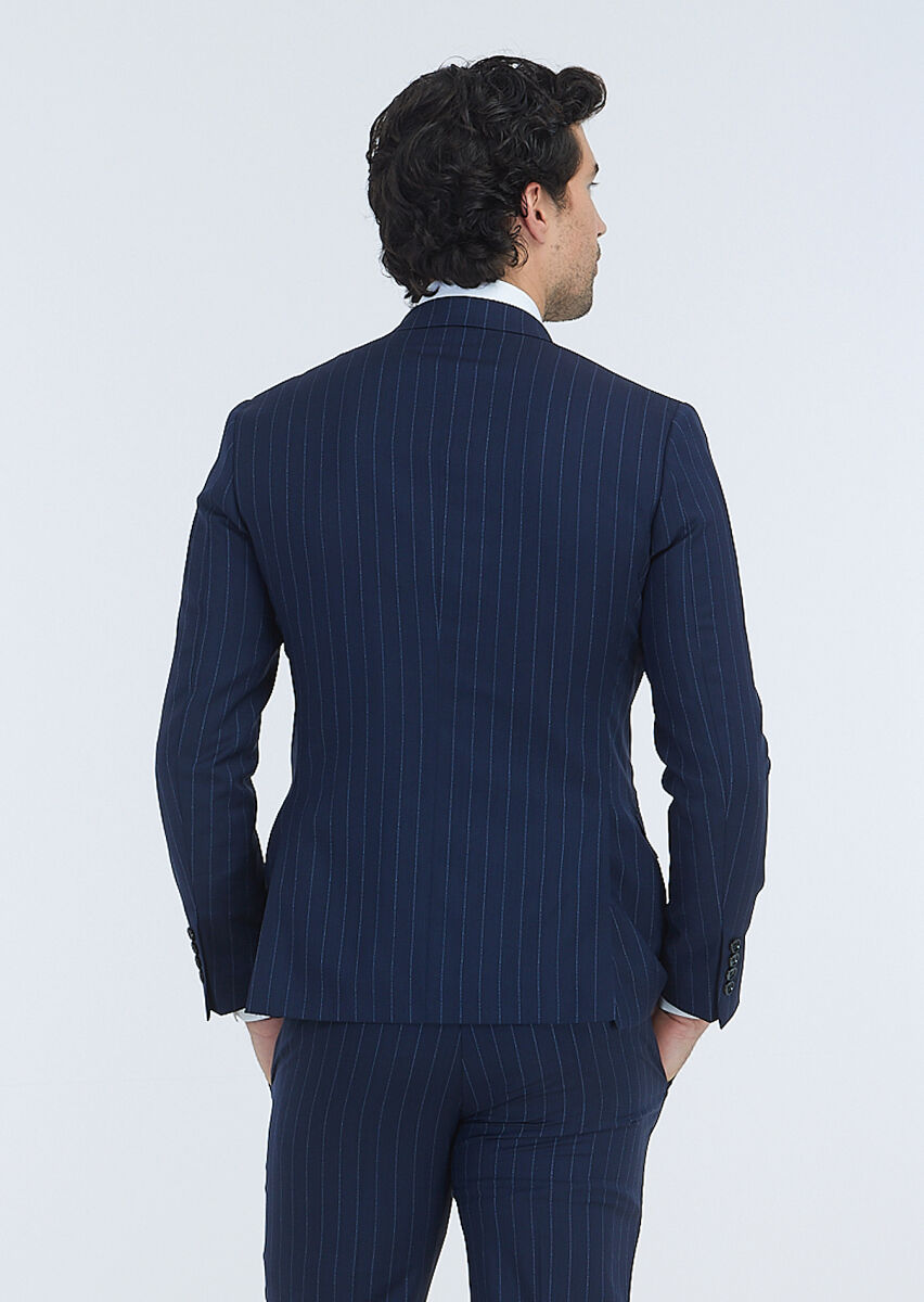 Lacivert Çizgili Zeroweight Slim Fit %100 Yün Takım Elbise - 5