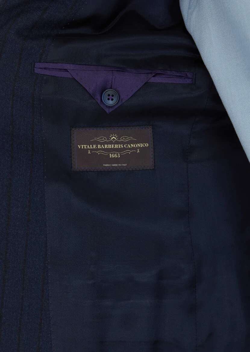 Lacivert Çizgili Zeroweight Slim Fit %100 Yün Takım Elbise - 6