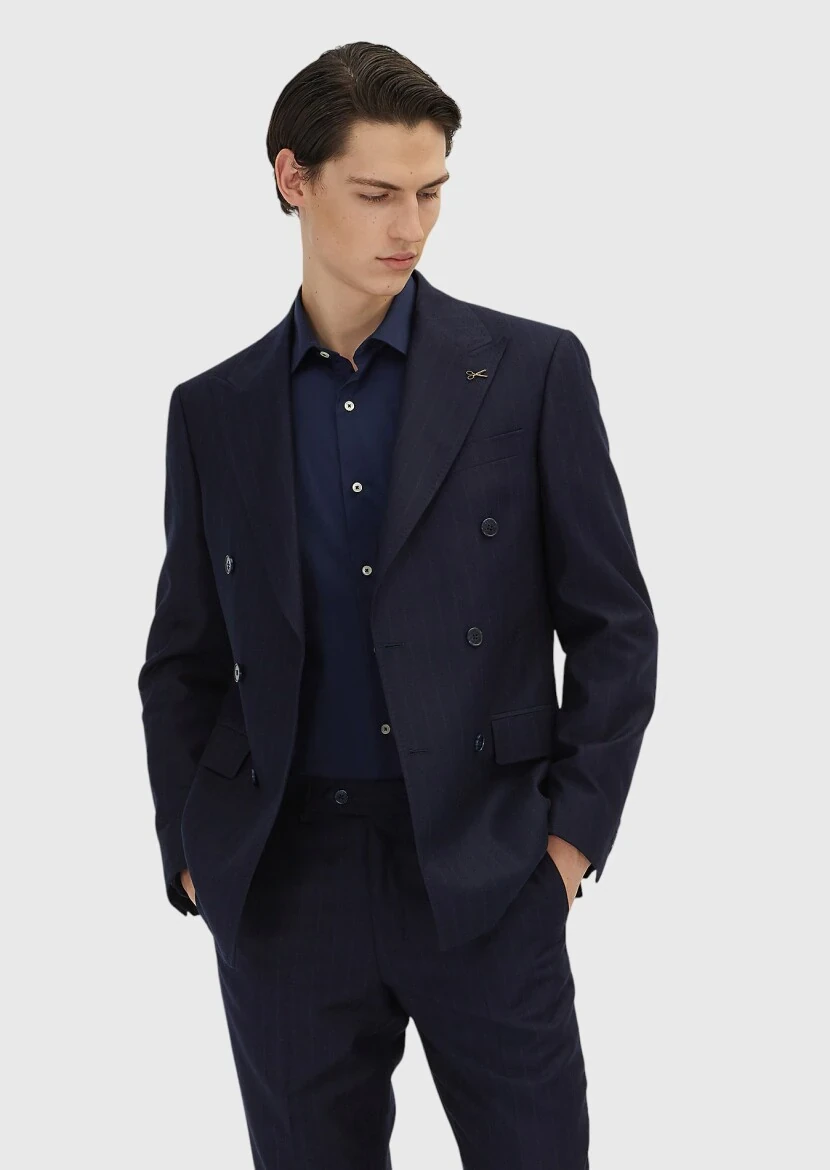 Lacivert Çizgili Zeroweight Slim Fit %100 Yün Takım Elbise - 3