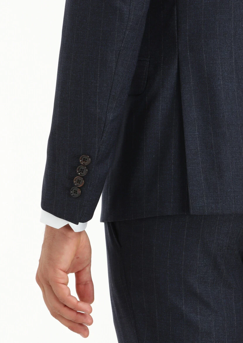 Lacivert Çizgili Zeroweight Slim Fit İpek Karışımlı Takım Elbise - 4