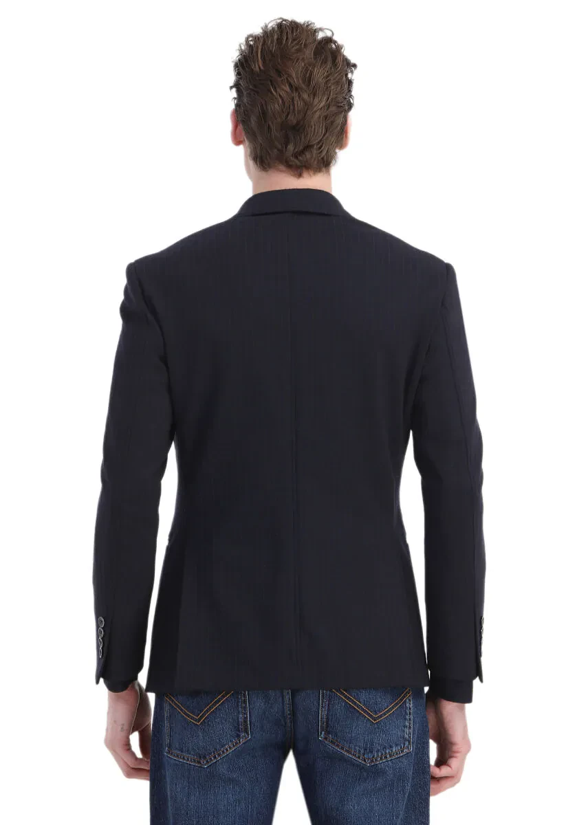 Lacivert Çizgili Zeroweight Slim Fit Örme Ceket - 7