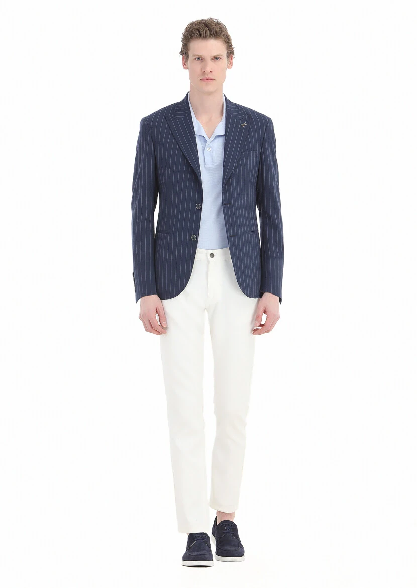 Lacivert Çizgili Zeroweight Slim Fit Pamuk Karışımlı Ceket - 1