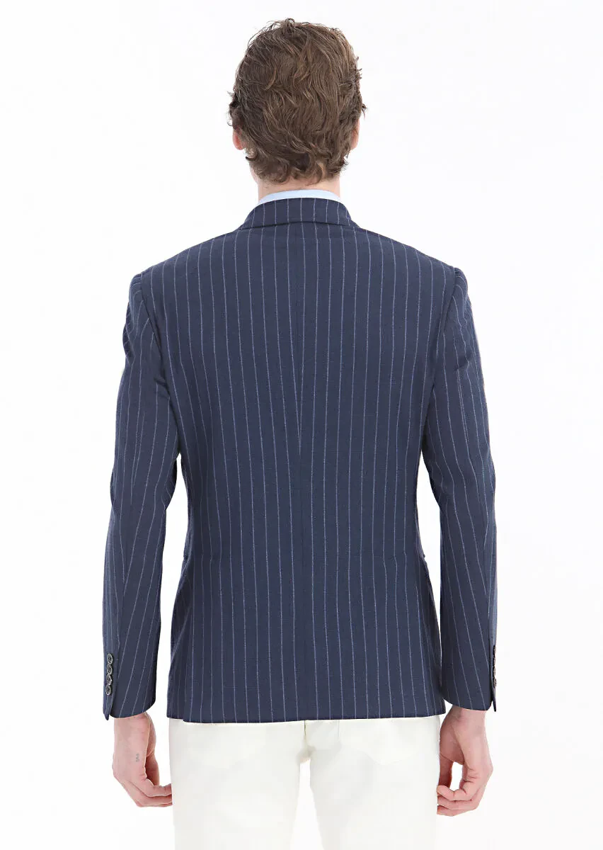 Lacivert Çizgili Zeroweight Slim Fit Pamuk Karışımlı Ceket - 6