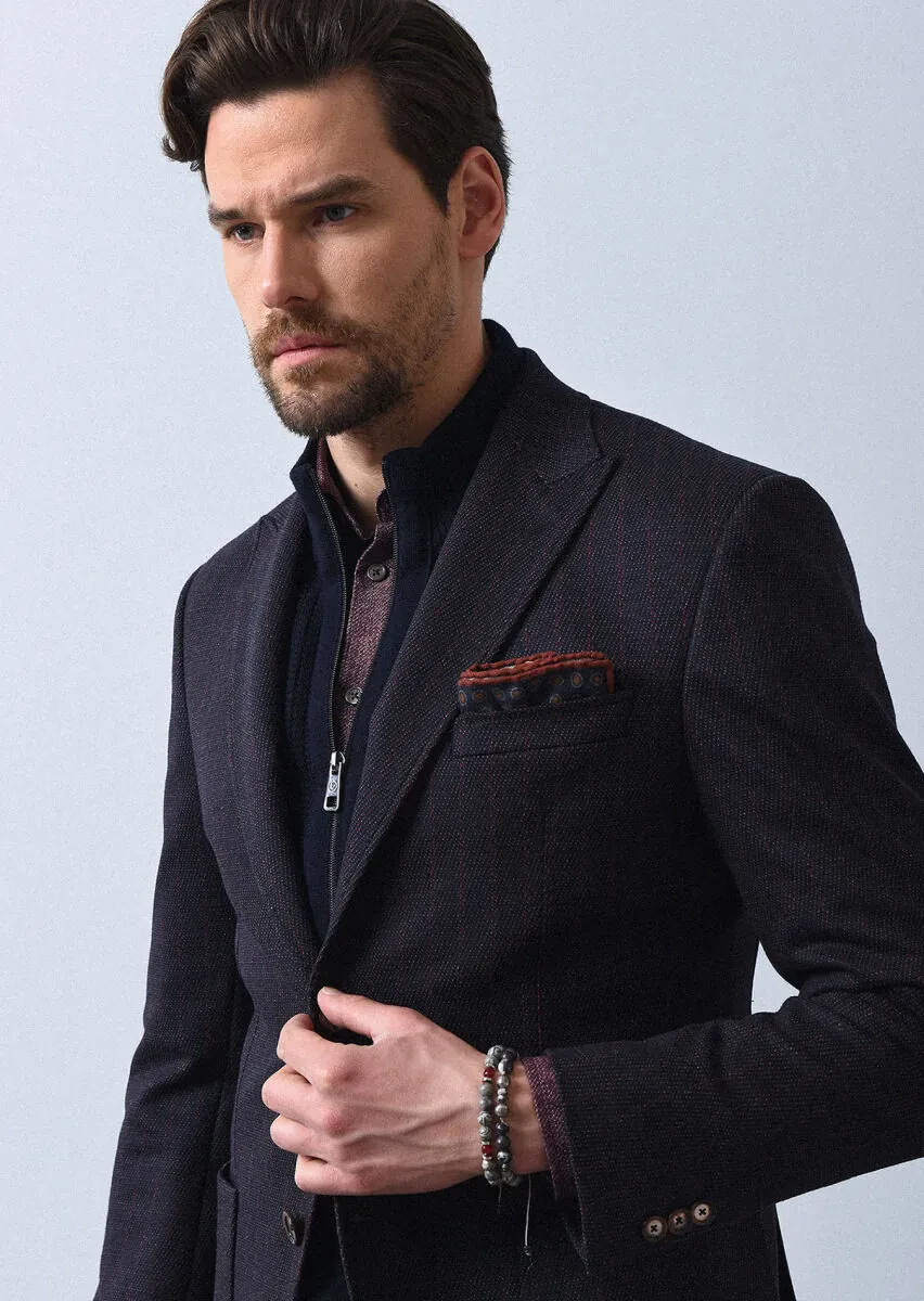 Lacivert Çizgili Zeroweight Slim Fit Yün Karışımlı Örme Ceket - 1