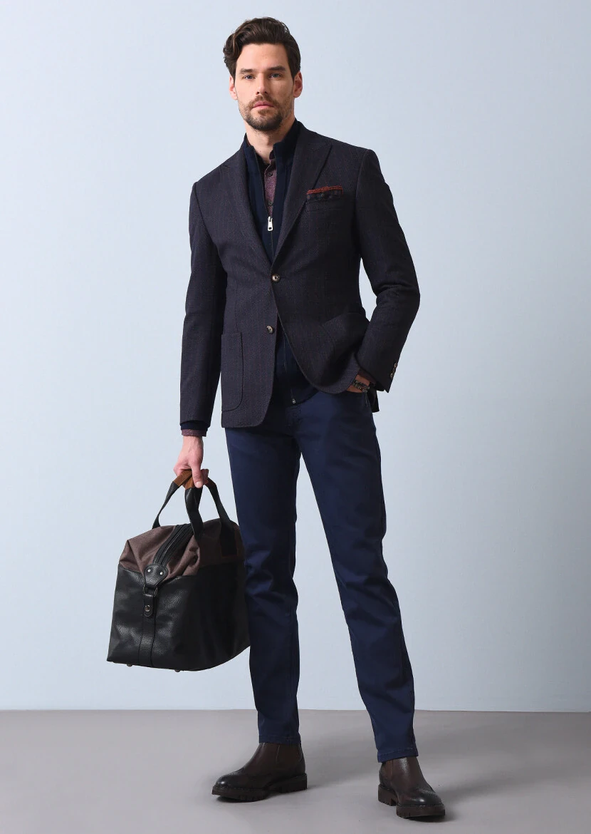 Lacivert Çizgili Zeroweight Slim Fit Yün Karışımlı Örme Ceket - 2