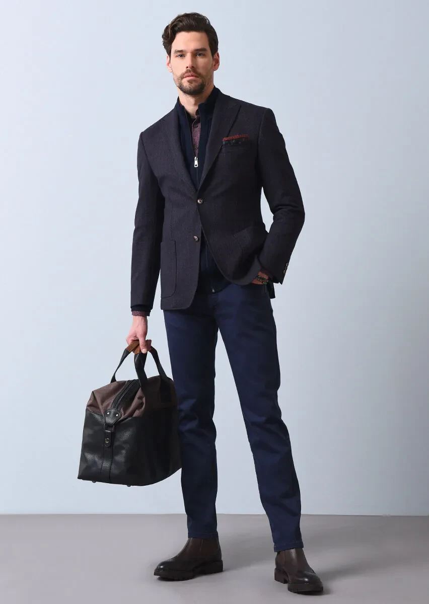 Lacivert Çizgili Zeroweight Slim Fit Yün Karışımlı Örme Ceket - 2