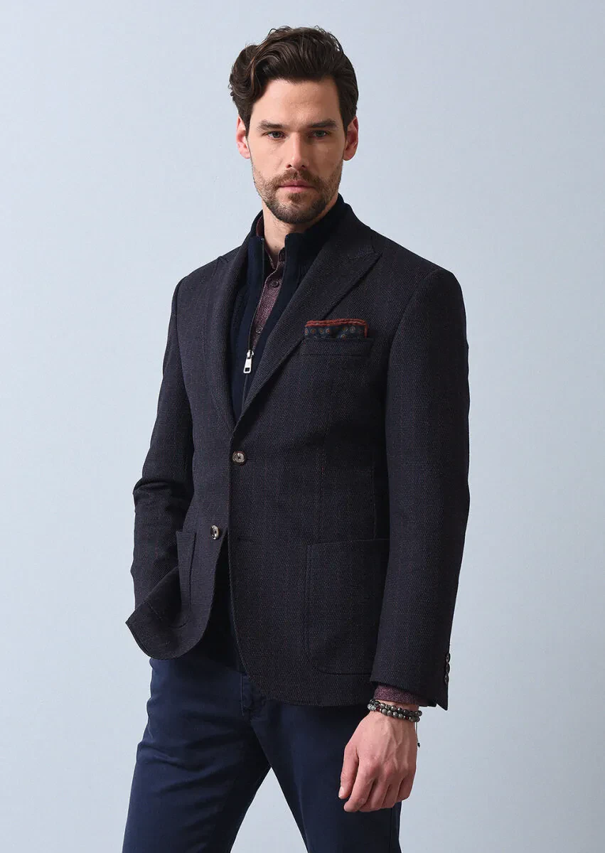 Lacivert Çizgili Zeroweight Slim Fit Yün Karışımlı Örme Ceket - 3