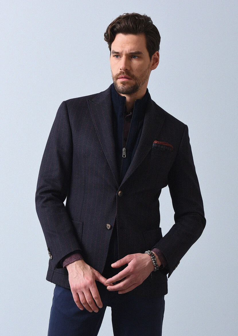 Lacivert Çizgili Zeroweight Slim Fit Yün Karışımlı Örme Ceket - 4