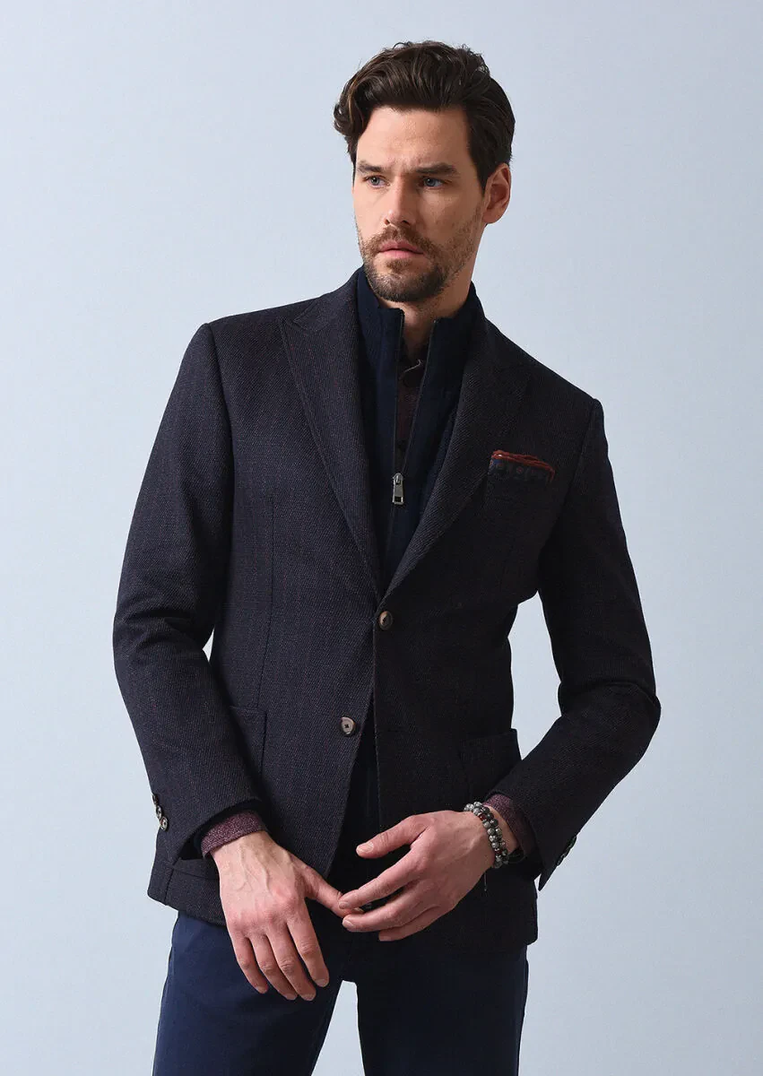 Lacivert Çizgili Zeroweight Slim Fit Yün Karışımlı Örme Ceket - 4