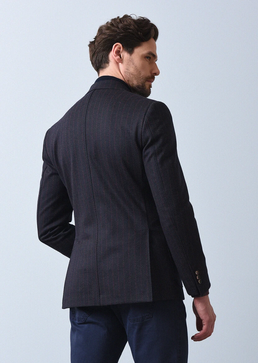 Lacivert Çizgili Zeroweight Slim Fit Yün Karışımlı Örme Ceket - 5