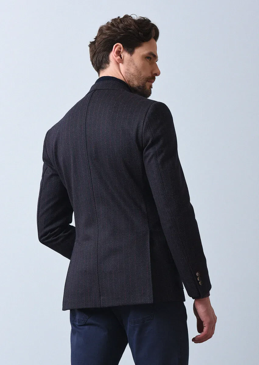 Lacivert Çizgili Zeroweight Slim Fit Yün Karışımlı Örme Ceket - 5