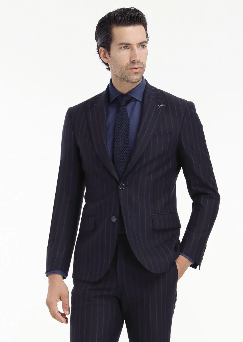 Lacivert Çizgili Zeroweight Slim Fit Yün Karışımlı Takım Elbise - 3