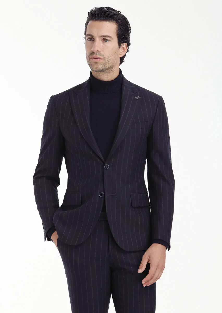 Lacivert Çizgili Zeroweight Slim Fit Yün Karışımlı Takım Elbise - 7