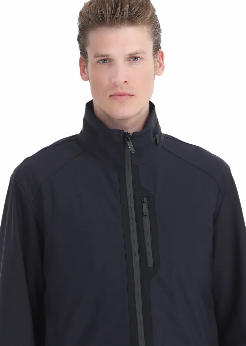 Lacivert Comfort Fit Kapüşonlu Spor Dokuma Mont - 4