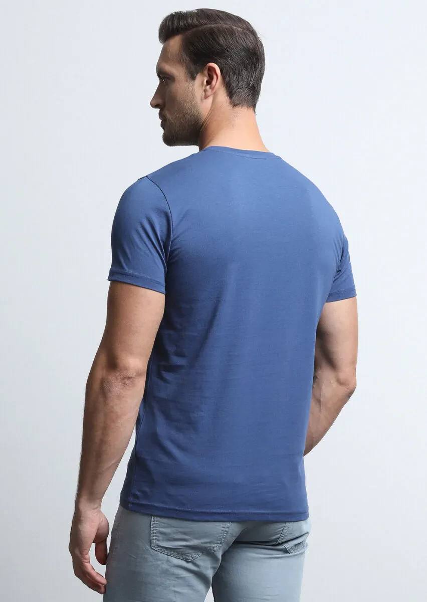 Lacivert Desenli %100 Pamuk T-Shirt - 5