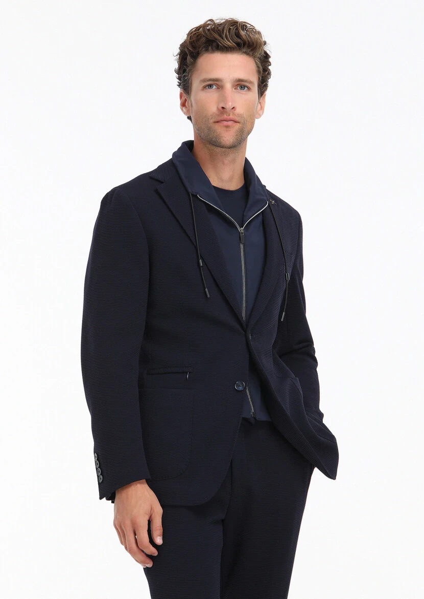 Lacivert Desenli Comfort Fit Örme Takım Elbise - 4