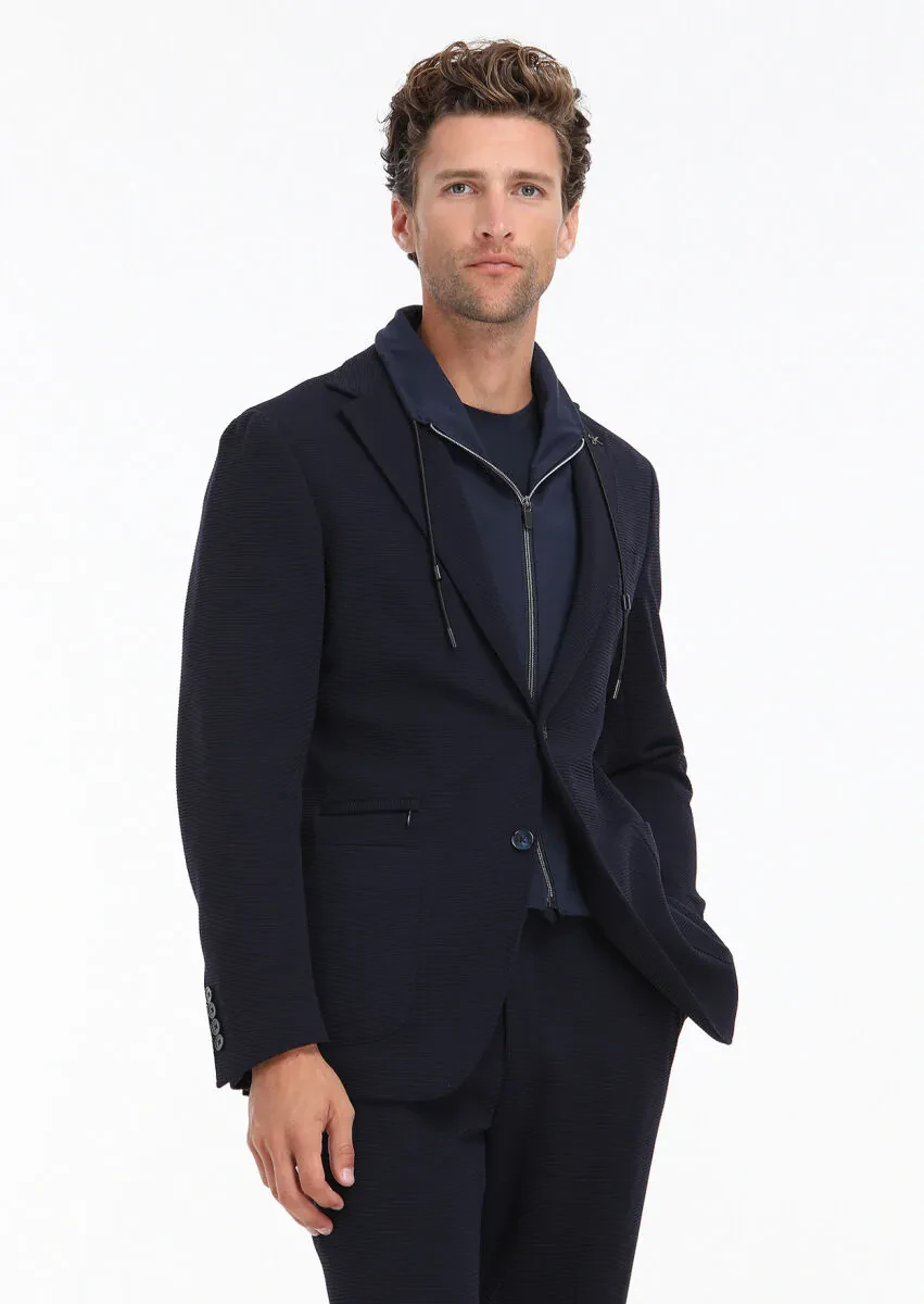 Lacivert Desenli Comfort Fit Örme Takım Elbise - 4