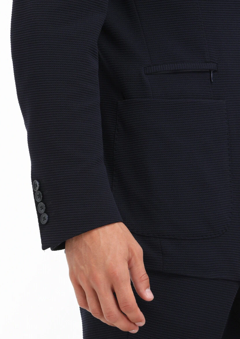 Lacivert Desenli Comfort Fit Örme Takım Elbise - 7