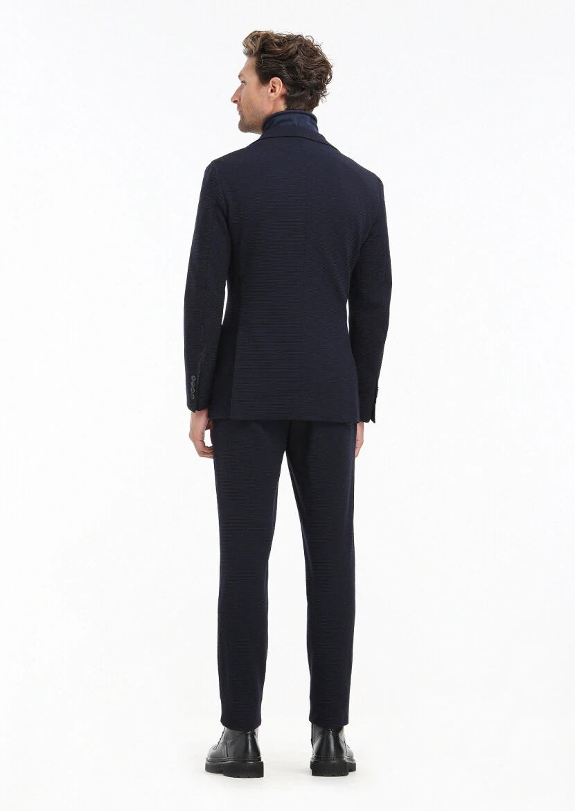 Lacivert Desenli Comfort Fit Örme Takım Elbise - 9