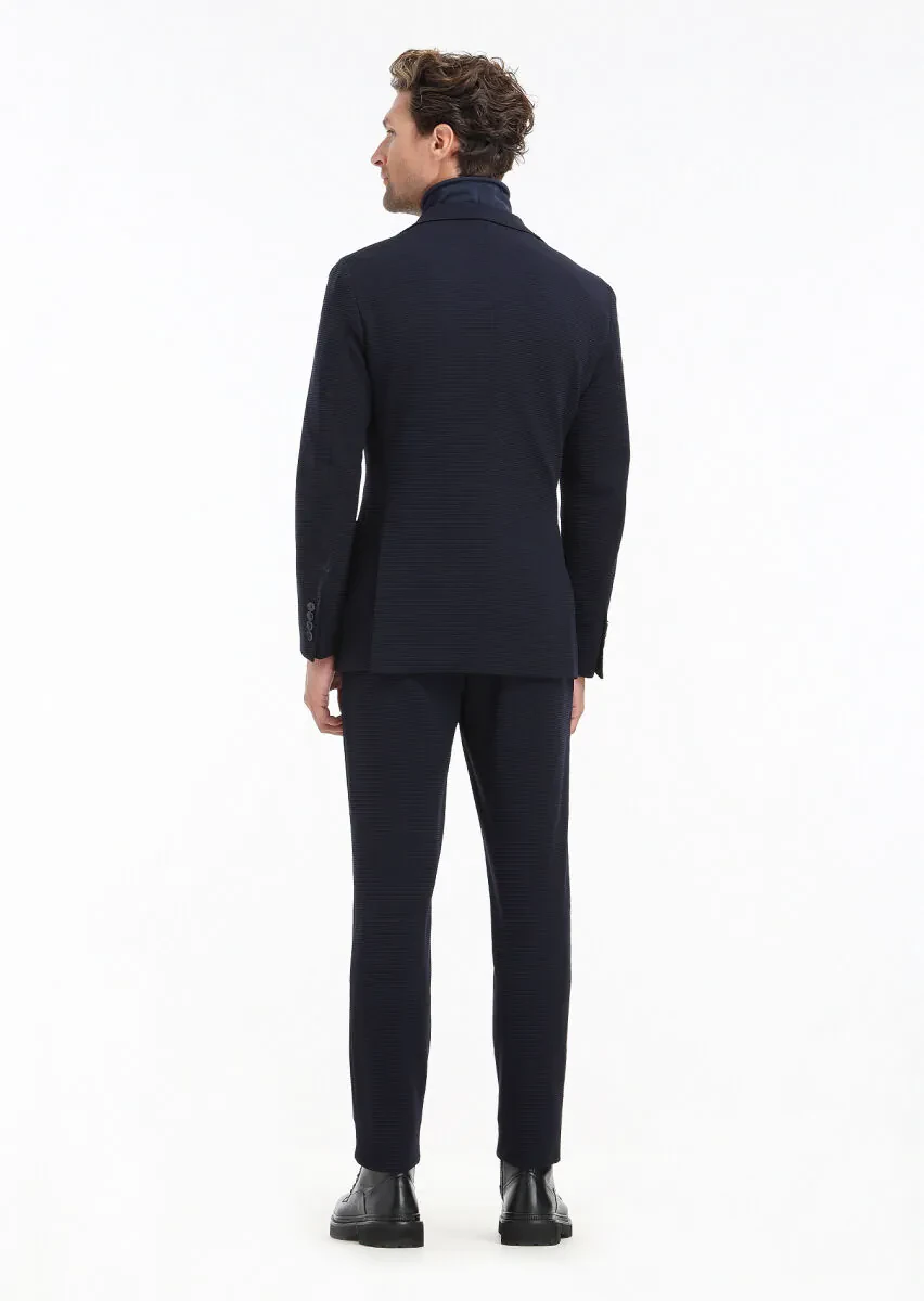 Lacivert Desenli Comfort Fit Örme Takım Elbise - 9