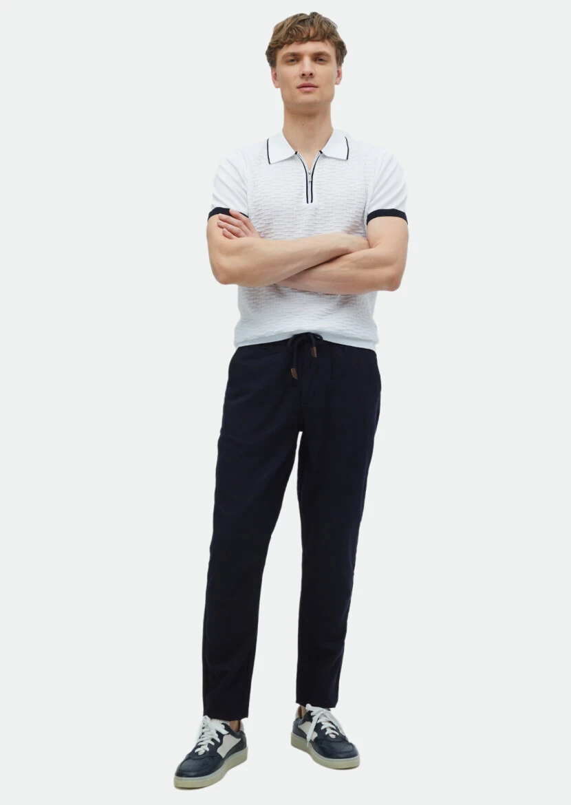 Lacivert Desenli Dokuma Jogging Fit Casual Pamuk Karışımlı Pantolon - 1