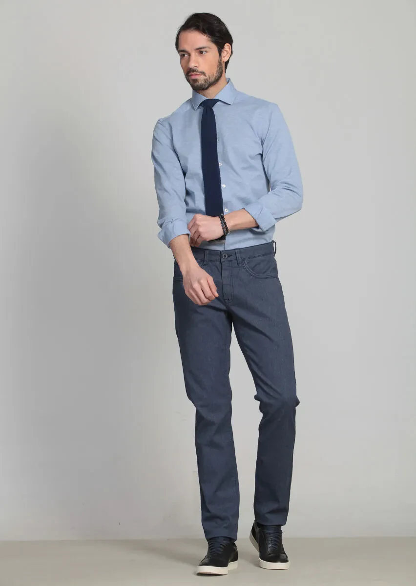 Lacivert Desenli Dokuma Slim Fit Casual Pamuk Karışımlı Pantolon - 4