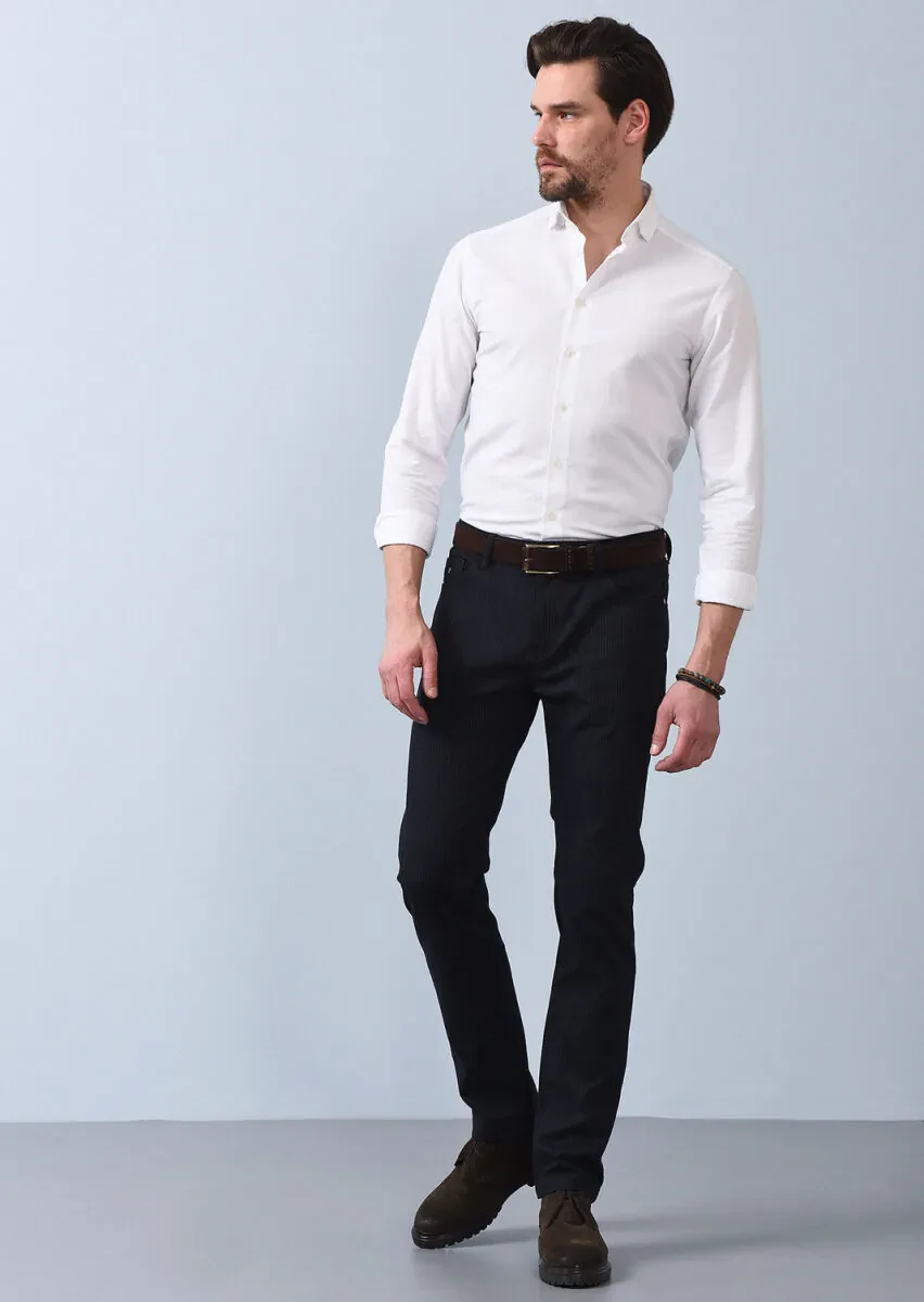 Lacivert Desenli Dokuma Slim Fit Casual Pamuk Karışımlı Pantolon - 2
