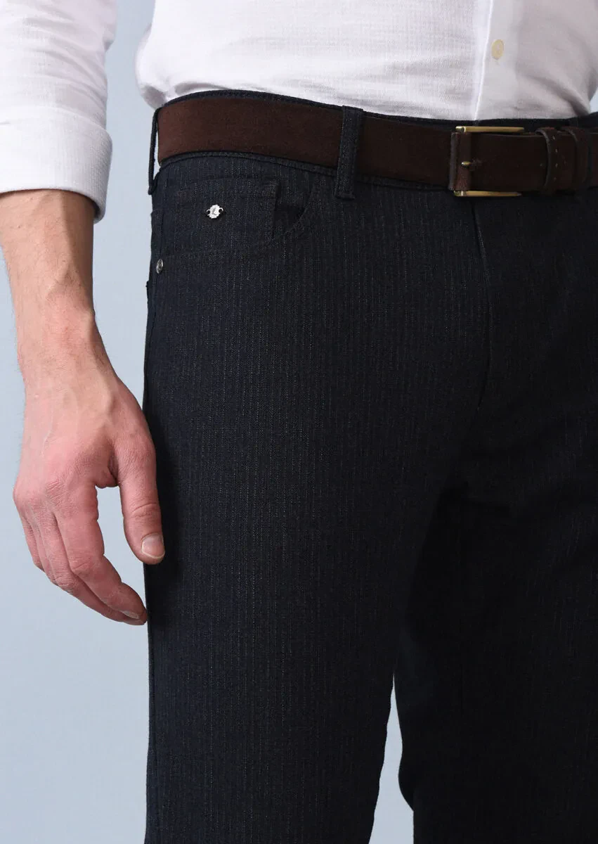 Lacivert Desenli Dokuma Slim Fit Casual Pamuk Karışımlı Pantolon - 4