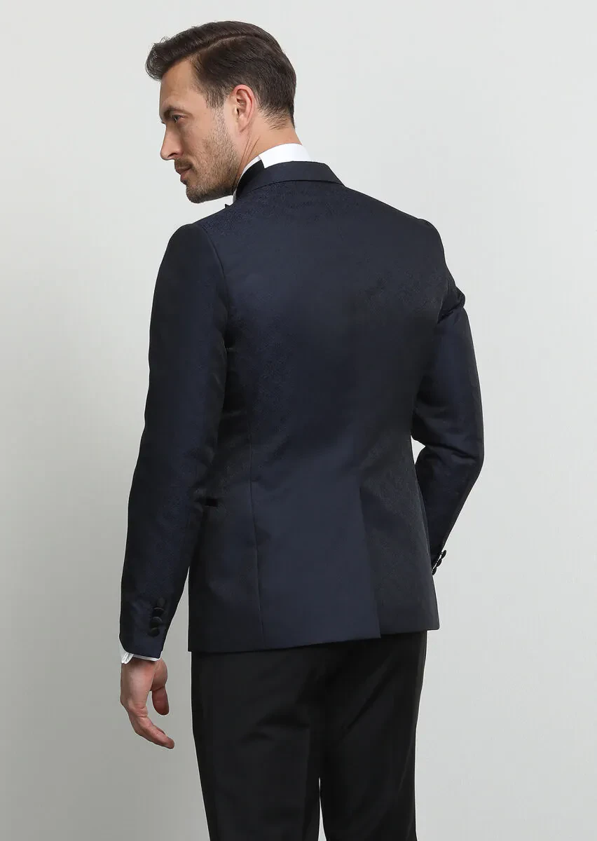 Lacivert Desenli Fashion Slim Fit Kruvaze Yaka Dokuma Smokin Takım Elbise - 4