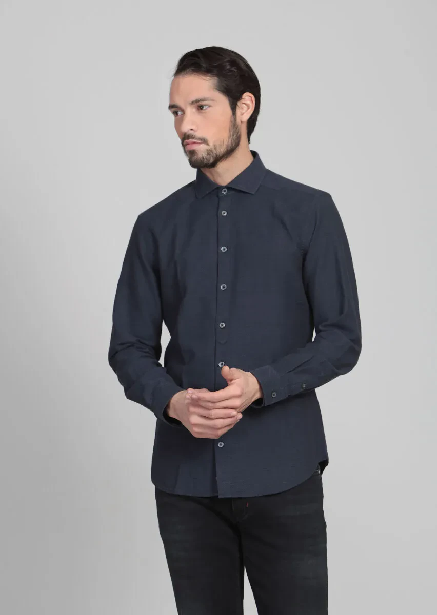 Lacivert Desenli Fitted Fit Dokuma Casual %100 Pamuk Gömlek - 1