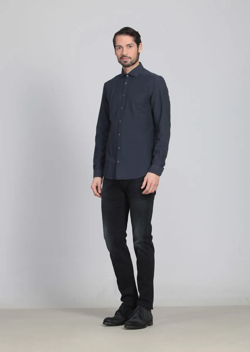 Lacivert Desenli Fitted Fit Dokuma Casual %100 Pamuk Gömlek - 2