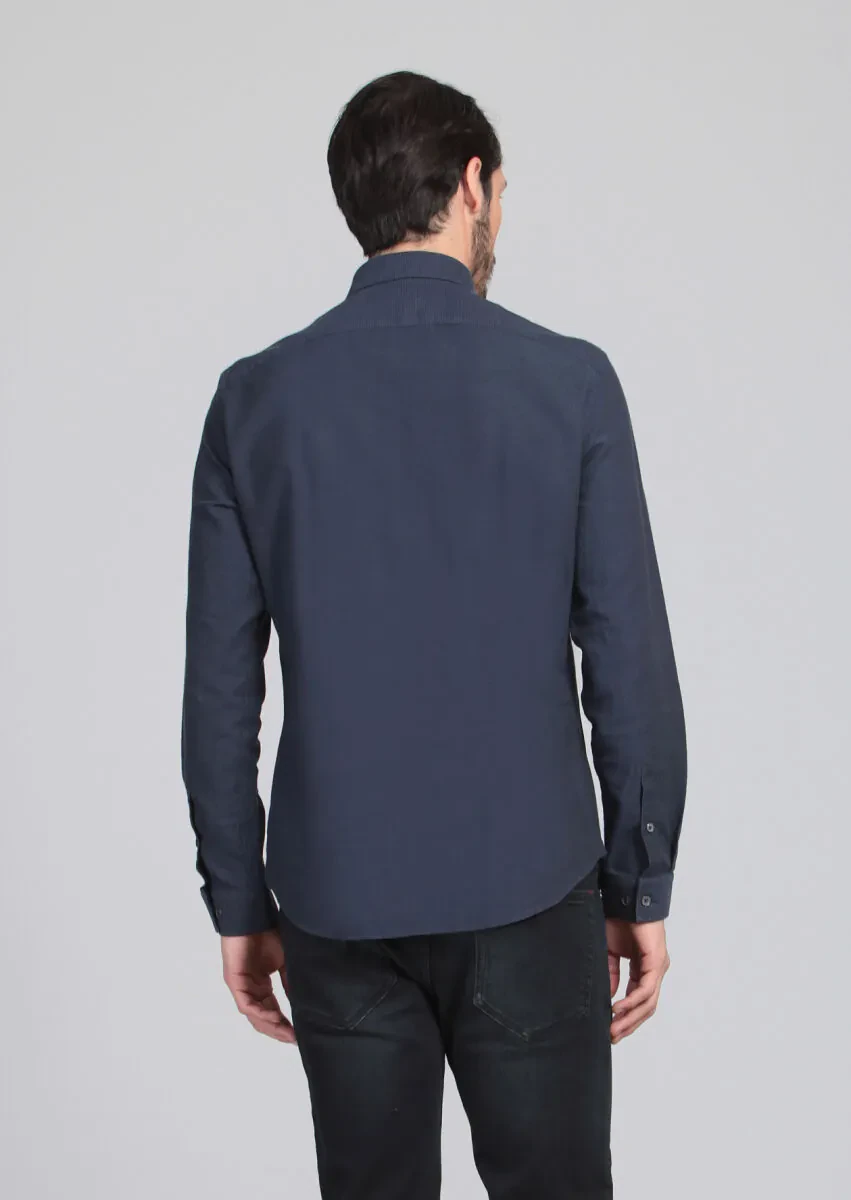 Lacivert Desenli Fitted Fit Dokuma Casual %100 Pamuk Gömlek - 5