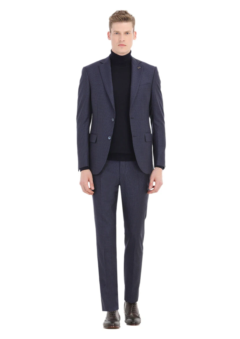 Lacivert Desenli Modern Fit %100 Yün Takım Elbise - 1