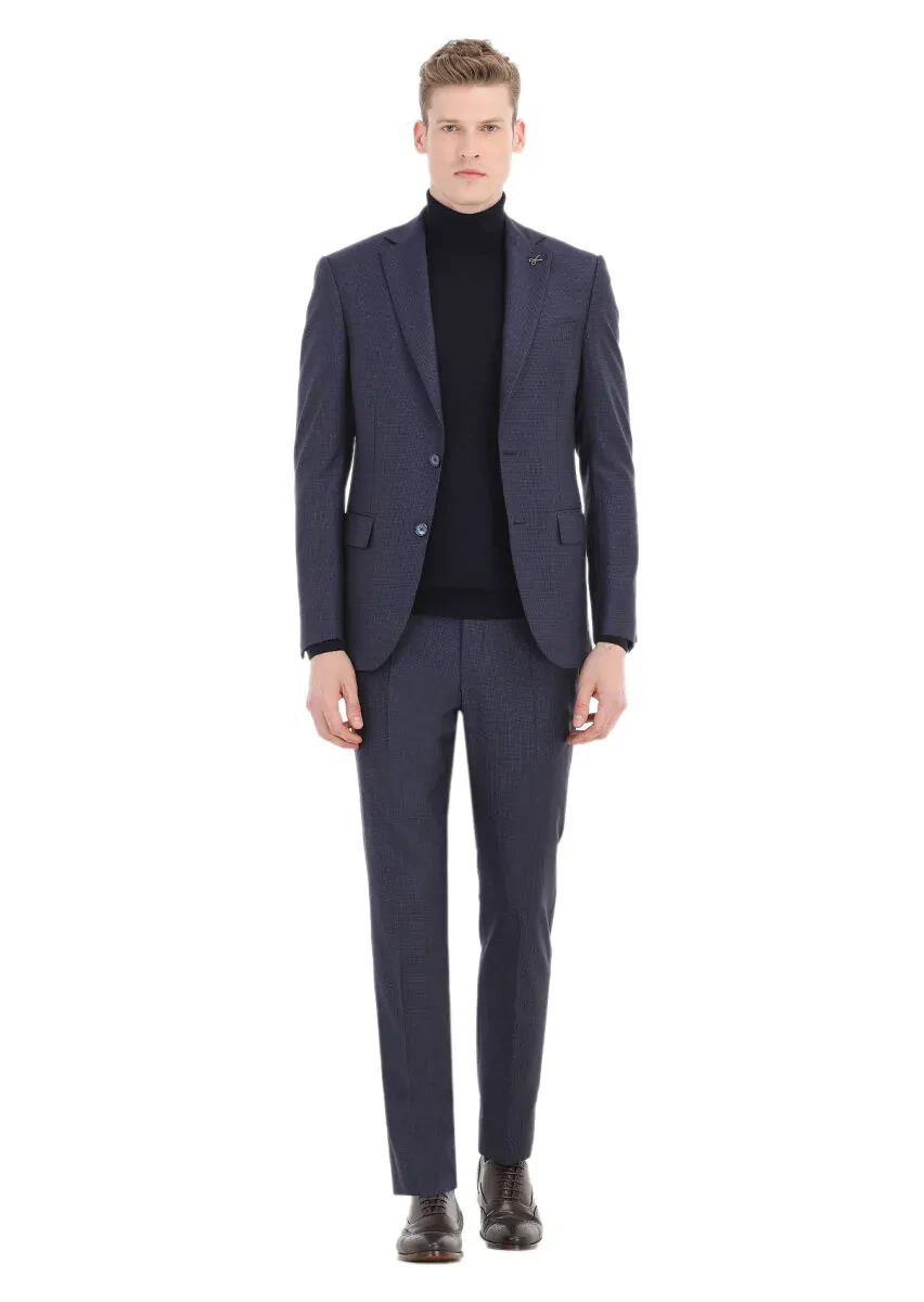 Lacivert Desenli Modern Fit %100 Yün Takım Elbise - 1