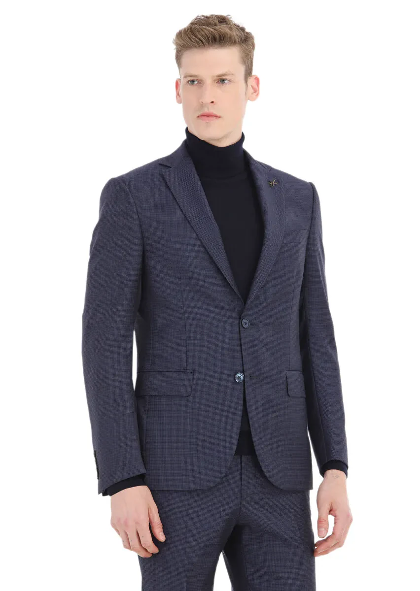 Lacivert Desenli Modern Fit %100 Yün Takım Elbise - 2