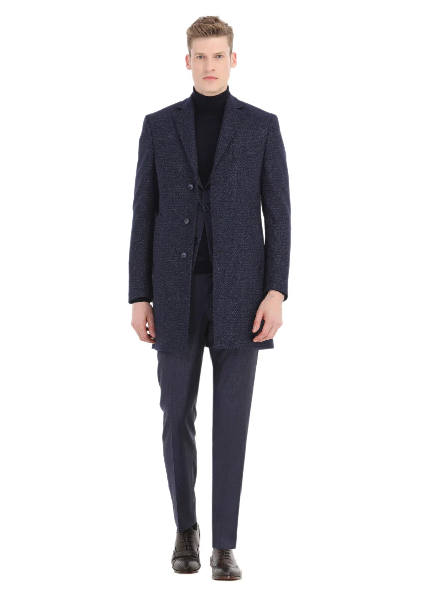 Lacivert Desenli Modern Fit %100 Yün Takım Elbise - 3