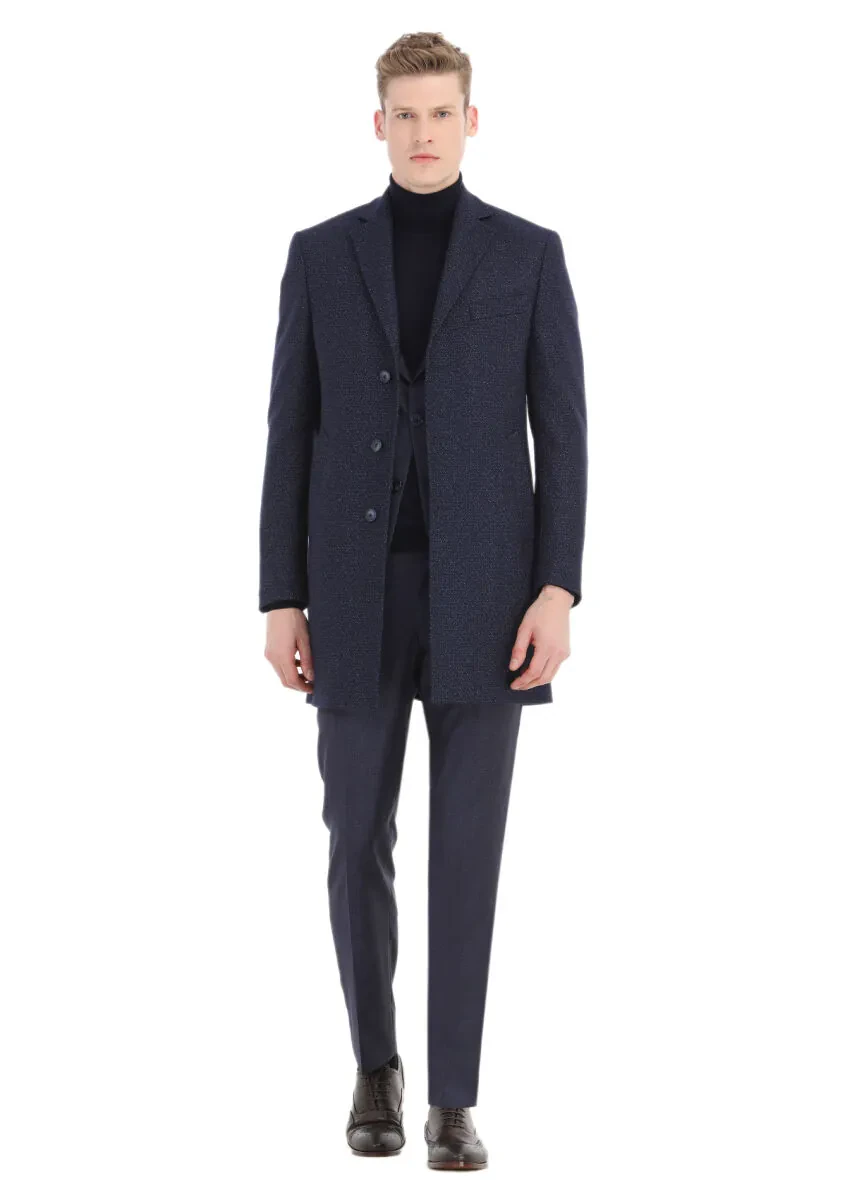 Lacivert Desenli Modern Fit %100 Yün Takım Elbise - 3